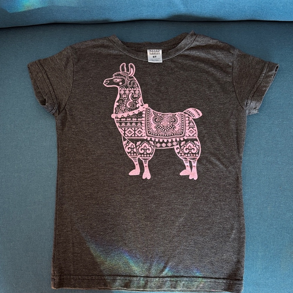 Kids' Dark Gray Tee with Pink Llama Print